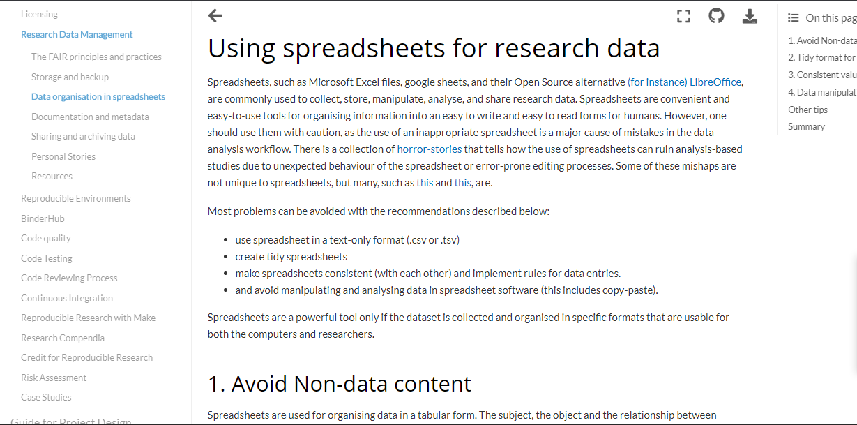 A subchapter whose title differs from its reference in the table of contents. The title of the subchapter is 'Using Spreadsheets for Research Data', however in the table of contents, it is referred as 'Data Organisation in Spreadsheets'.
