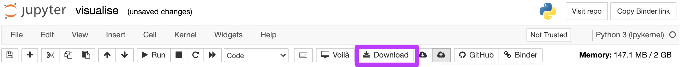 A screenshot of the control panel of a Jupyter Notebook with a download button highlighted by a purple rectangle.