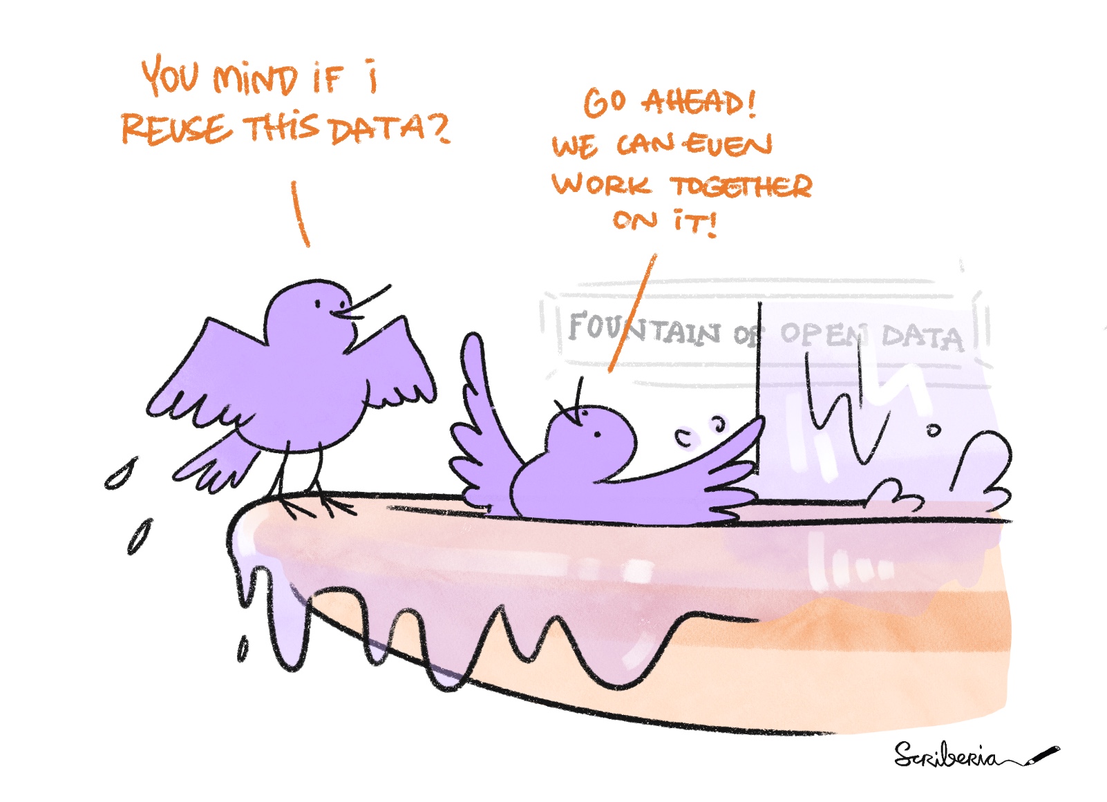 Two birds in a fountain of open data. One asks "You mind if I reuse this data?" The other answers "Go ahead! We can even work together on it!"