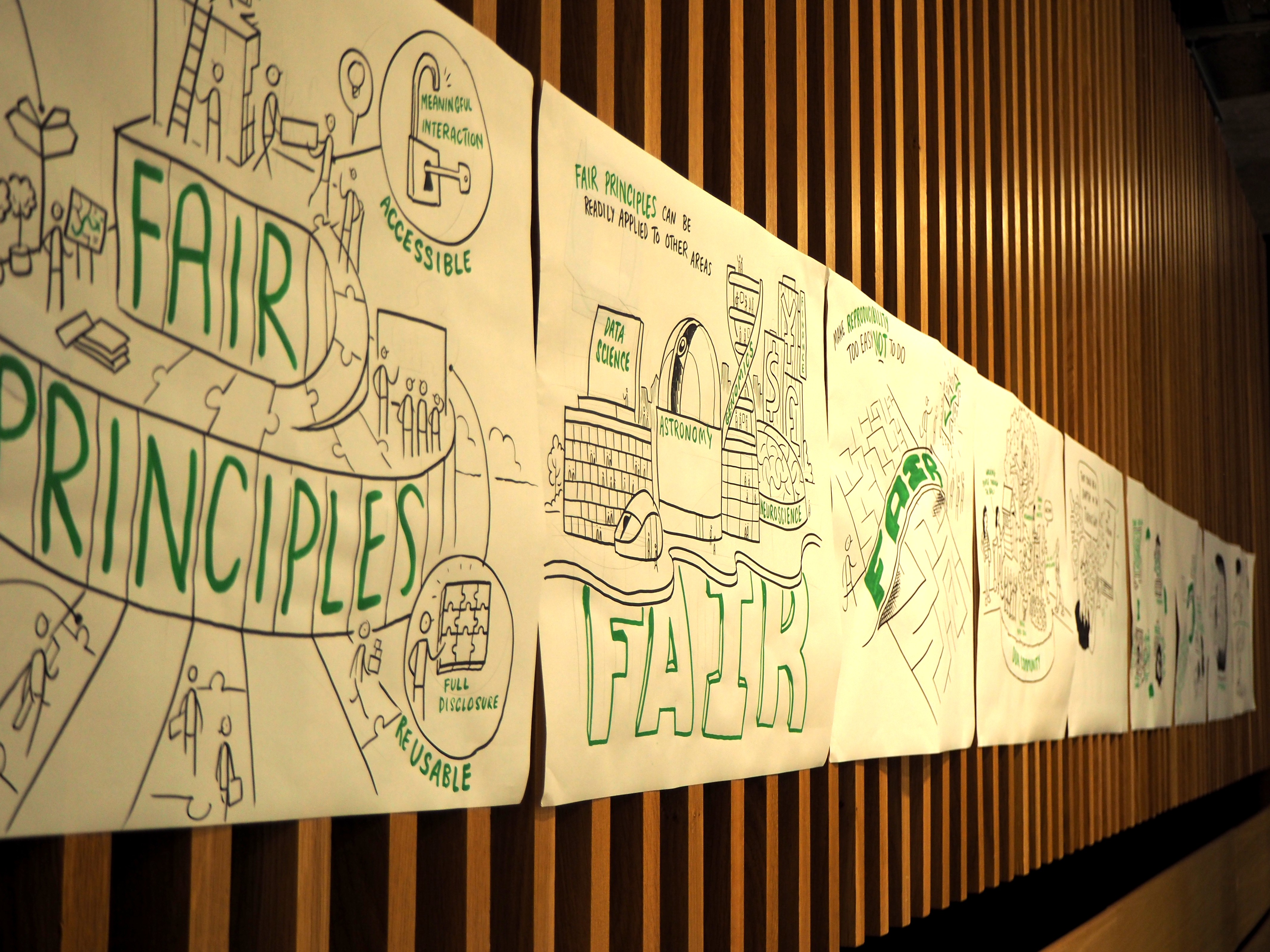 A set of hand-drawn sketches about stuck horizontally against a textured wooden wall. The first three sketches describe FAIR principles (findable, accessible, interoperable and reusable). Other three images are blurry.