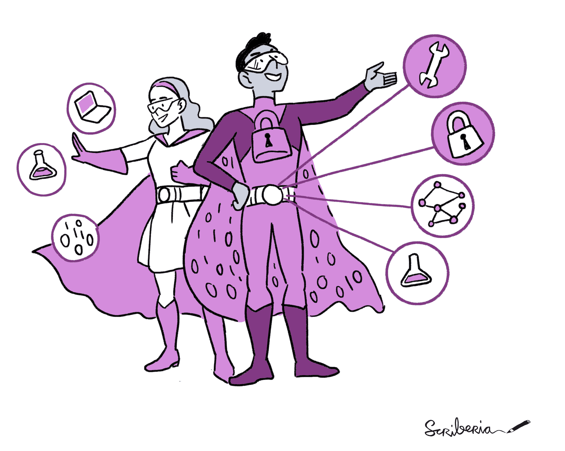 Black, white, grey and purple, cartoon-like sketch of two characters depicted as data stewards in superhero attire, with the left figure gesturing towards symbols of knowledge and alert, and the right figure pointing to tools of the trade such as security and connectivity, all encompassed by a theme of data management and protection.