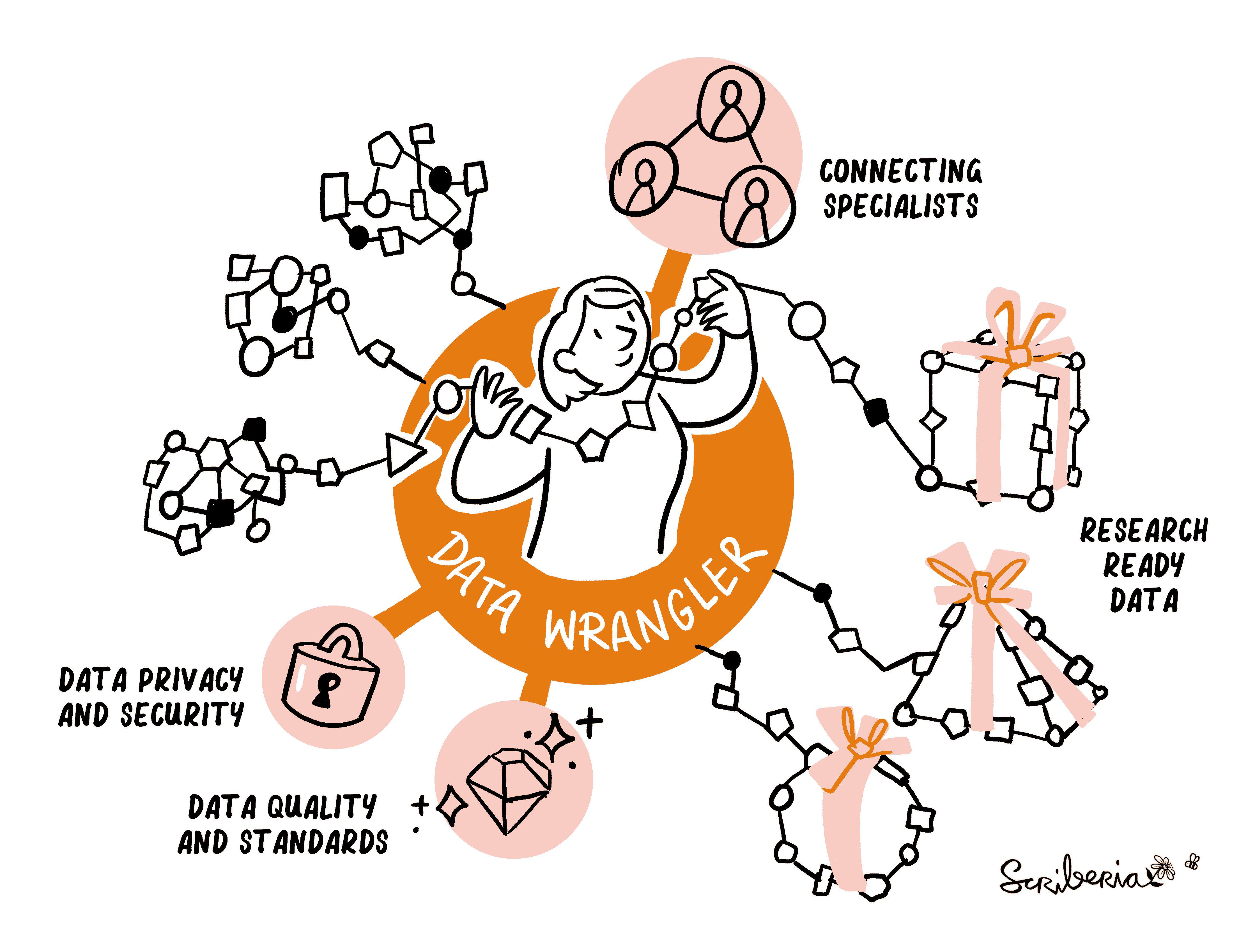 Hand-drawn illustration by Scriberia. A person representing a Data Wrangler is in a central bubble, on their left there are links to three clusters of connected shapes representing unstructured data. The Data Wrangler ‘unravels’ these clusters and re-structures them to form three distinct presents, labelled ‘Research Ready Data’, shown to the right of the central bubble. Attached to the central bubble there are smaller individual bubbles labelled ‘Connecting Specialists' (shown by a triangle of linked people), 'Data Privacy and Security’ (padlock) and 'Data Quality and Standards (sparkling diamond).