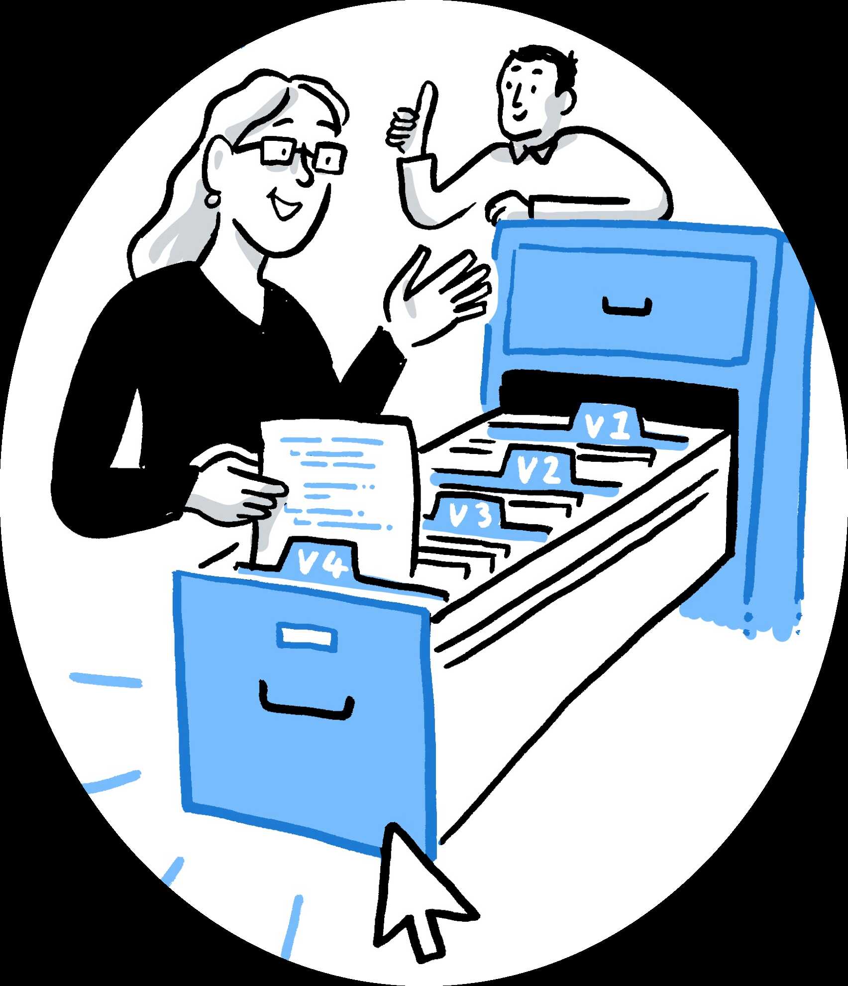 Cartoon-like sketch of a woman looking through a big file drawer, where documents are arranged systematically indicated by versions. She is smiling and waving at her colleague who is standing next to the file drawer and seem to be checking if everything is ok - gesturing a thumbs-up.