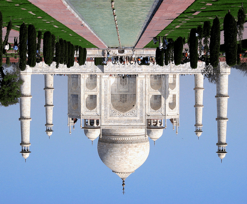 A flipped photograph of the Taj Mahal to grab the reader's attention.