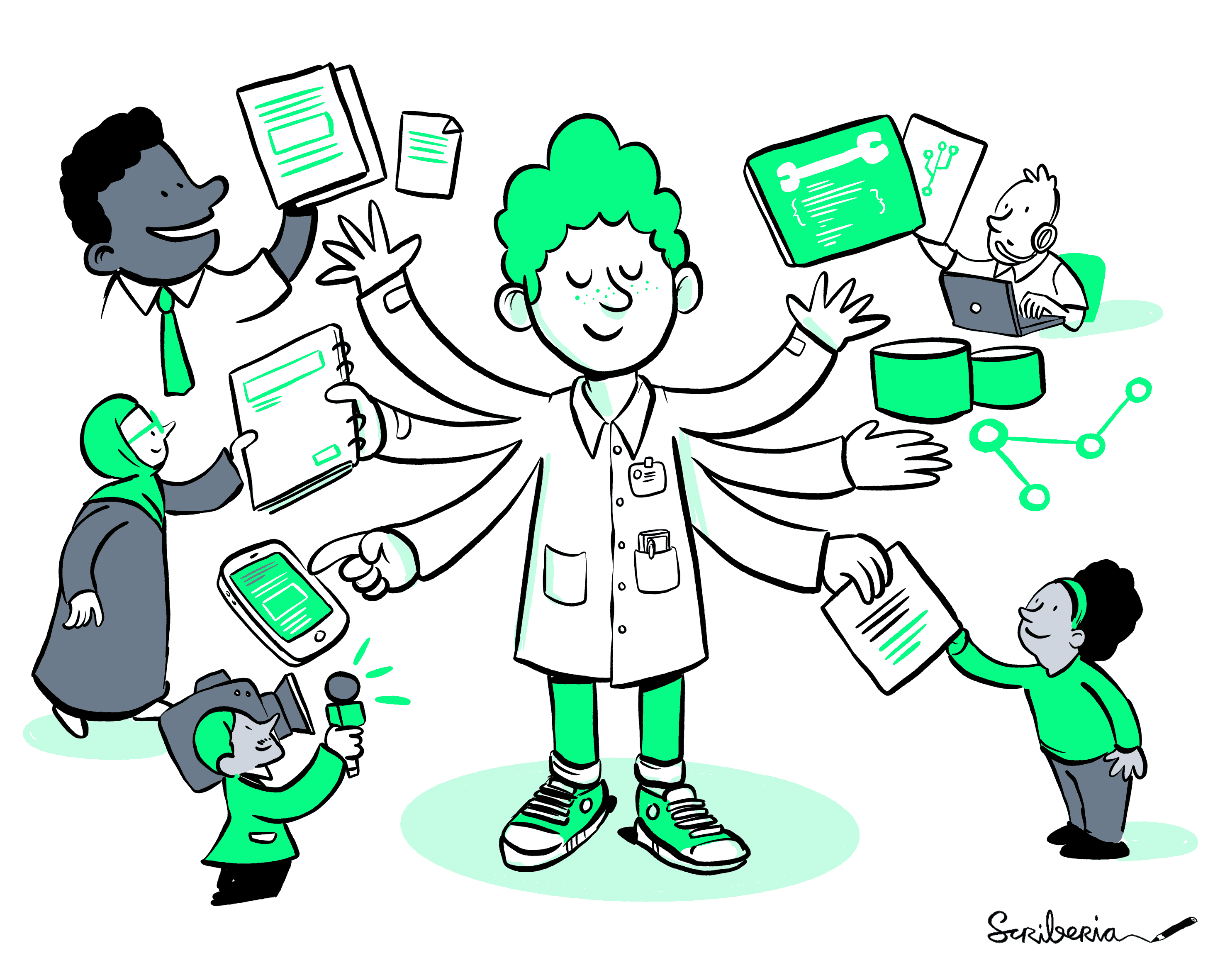 A person dressed in a lab coat with many arms holding different types of publications such as social media posts, data paper and software papers.