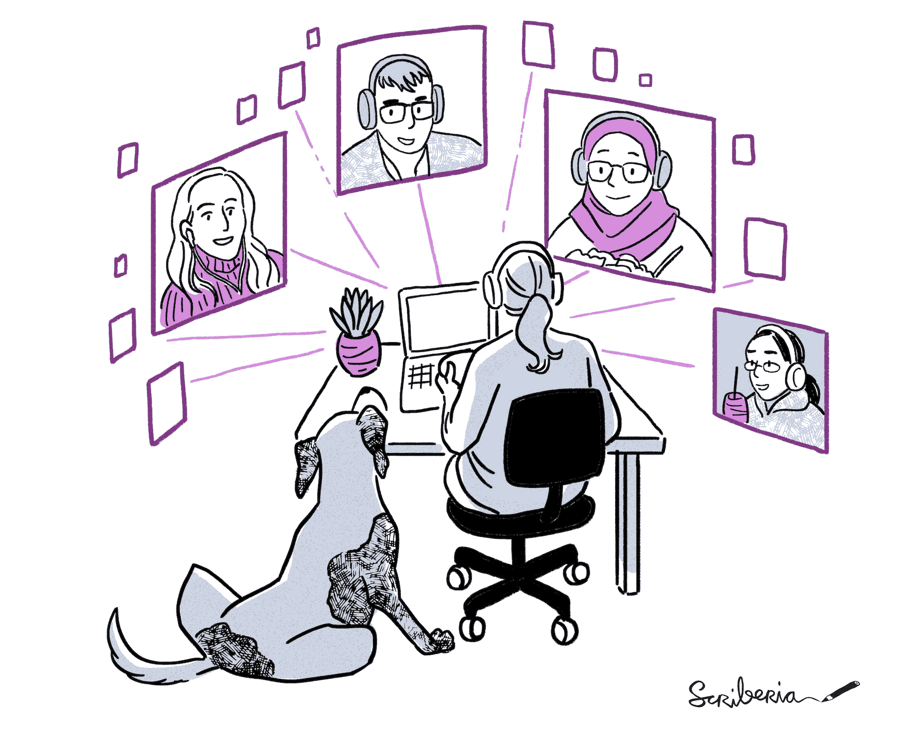 A person sitting on a chair in front of their computer with their dog beside. There are four different people who have joined online with their coffee/drinks for an informal chat.