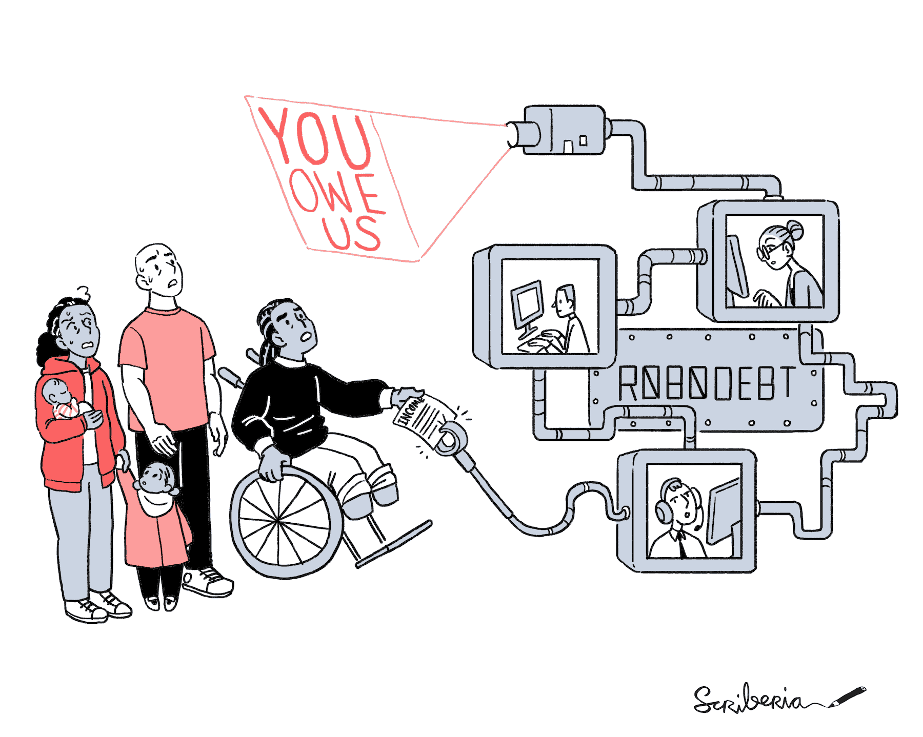 This illustration shows a big machine that says 'you owe us'. It has a few people automating debt call, which is impacting the low-income community - there is person on wheelchair, a tired looking mother with an infant and a toddler and a distressed man standing next to her.