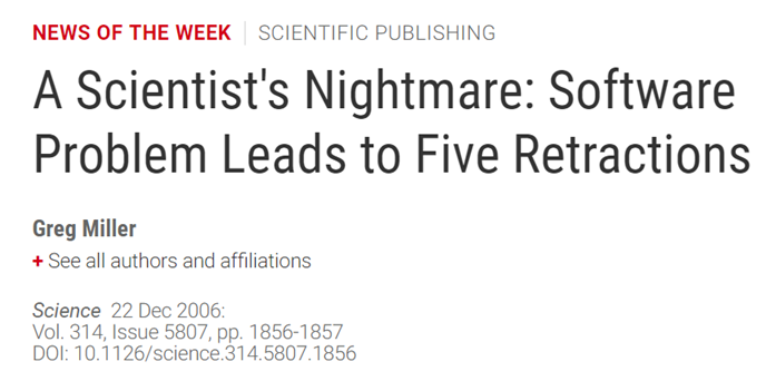 Headline of a December 2006 news article by Greg Miller, published in Science, titled A Scientist's Nightmare: Software Problem Leads to Five Retractions