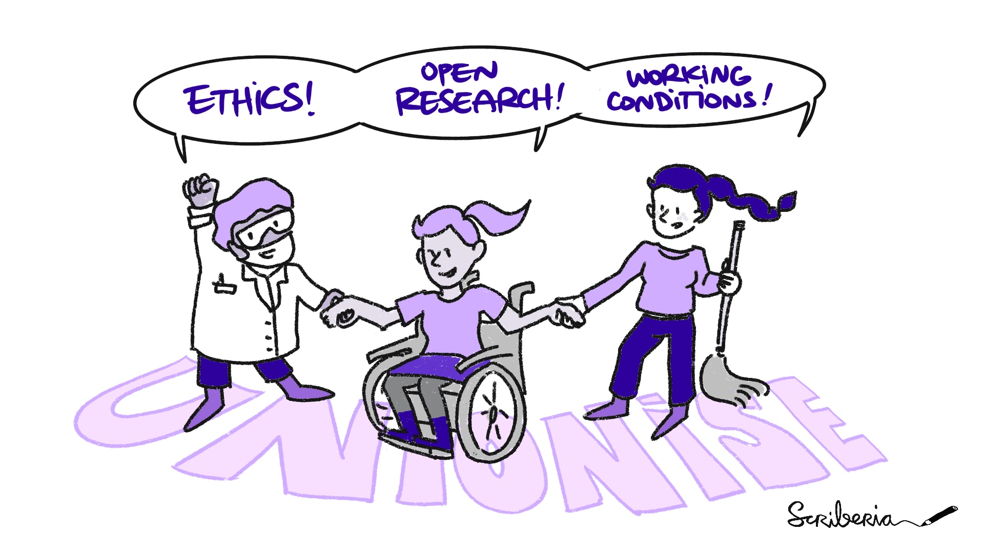 A black, white, grey, blue and purple cartoon of three people, one wearing a lab coat and goggles, one in a wheelchair, and one holding a mop, standing hand-in-hand over the purple text 'UNIONISE'. They have speech bubbles above them which say 'Ethics!', 'Open Research!' and 'Working Conditions!'