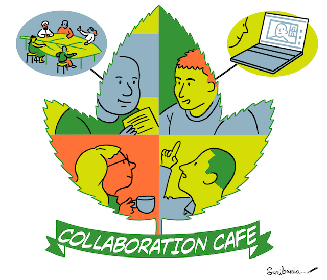 Cartoon-like sketch in a green, teal, and orange colorscheme, with three main elements. First, in the center of the image is a large maple leaf, where it's interior has been sectioned into four panels. Each panel has an individual contributing to a collaboration cafe. All individuals are facing each other, by looking diagonally towards the center of where all four panels join. The individuals are (in the top left) holding a physical copy of a document, (in the bottom left) holding a mug, (in the bottom right) holding their hand up and raising their index finger, gesturing to bring something up. The maple leaf also has a green banner below reading "Collaboration Cafe". Secondly, there is an oval element, connected, via a continuous line, to the top right portion of the maple leaf. In this oval element, 5 individuals are sitting on a leaf-shaped table, in discussion. Lastly, there is a second oval element, connected via a continuous line, to the top left portion of the maple leaf. This oval has someone overlooking their laptop, which has a video call on the screen, with one person in the video call being enlarged and two others also being part of the call