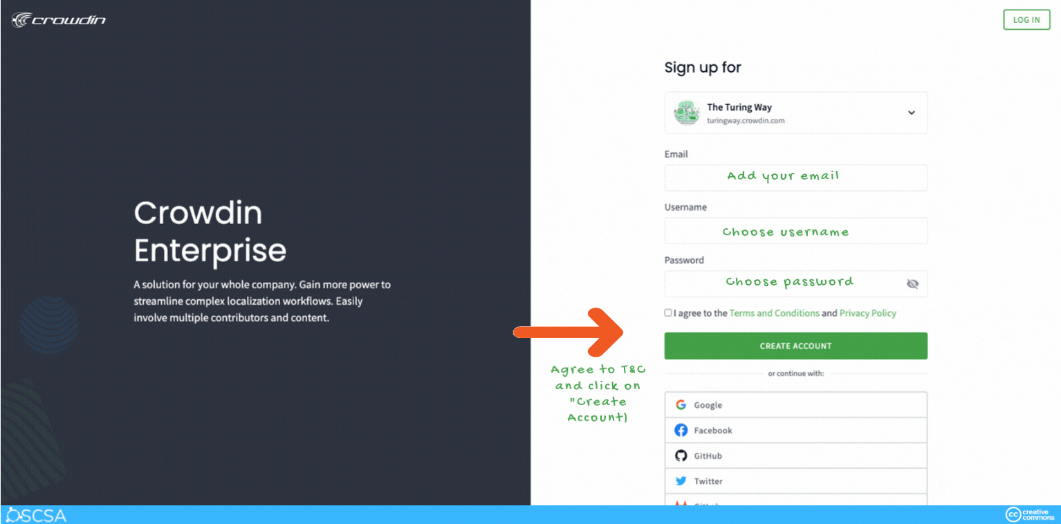 Sign up in Crowdin or log in before you start the translation. You can also log in using your GitHub or Google account.