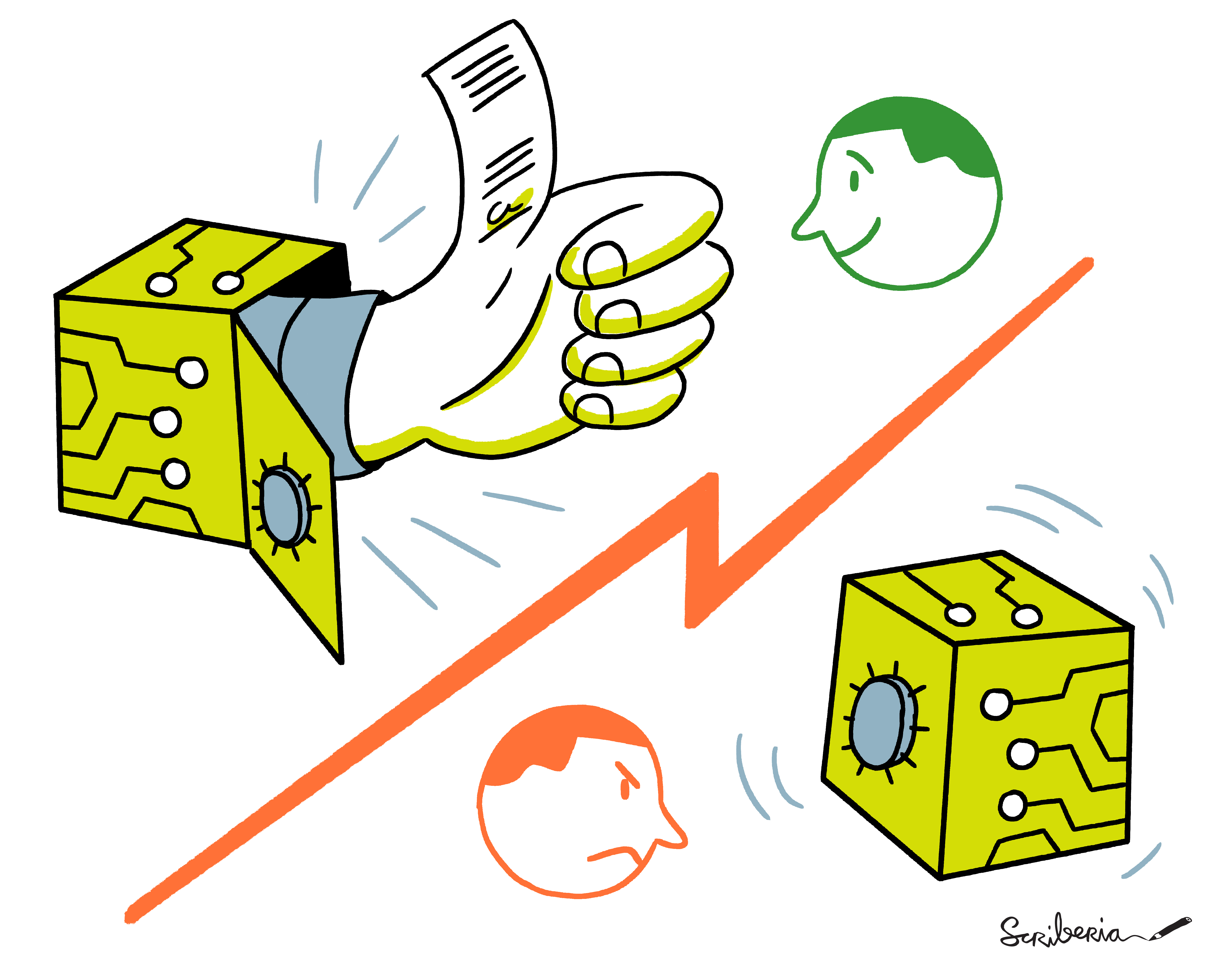 A hand reaches out of an open safe and makes a thumbs up gesture. The Safe is high-tech looking with circuit tracery on its surface. The thumb of the hand looks like a signed document. There is a happy face in green looking at the thumbs up from the open safe. In contrast on the other side of the image there is a locked version of a similar safe. There is a red and grumpy face looking at the locked safe which is being shaken in frustration.